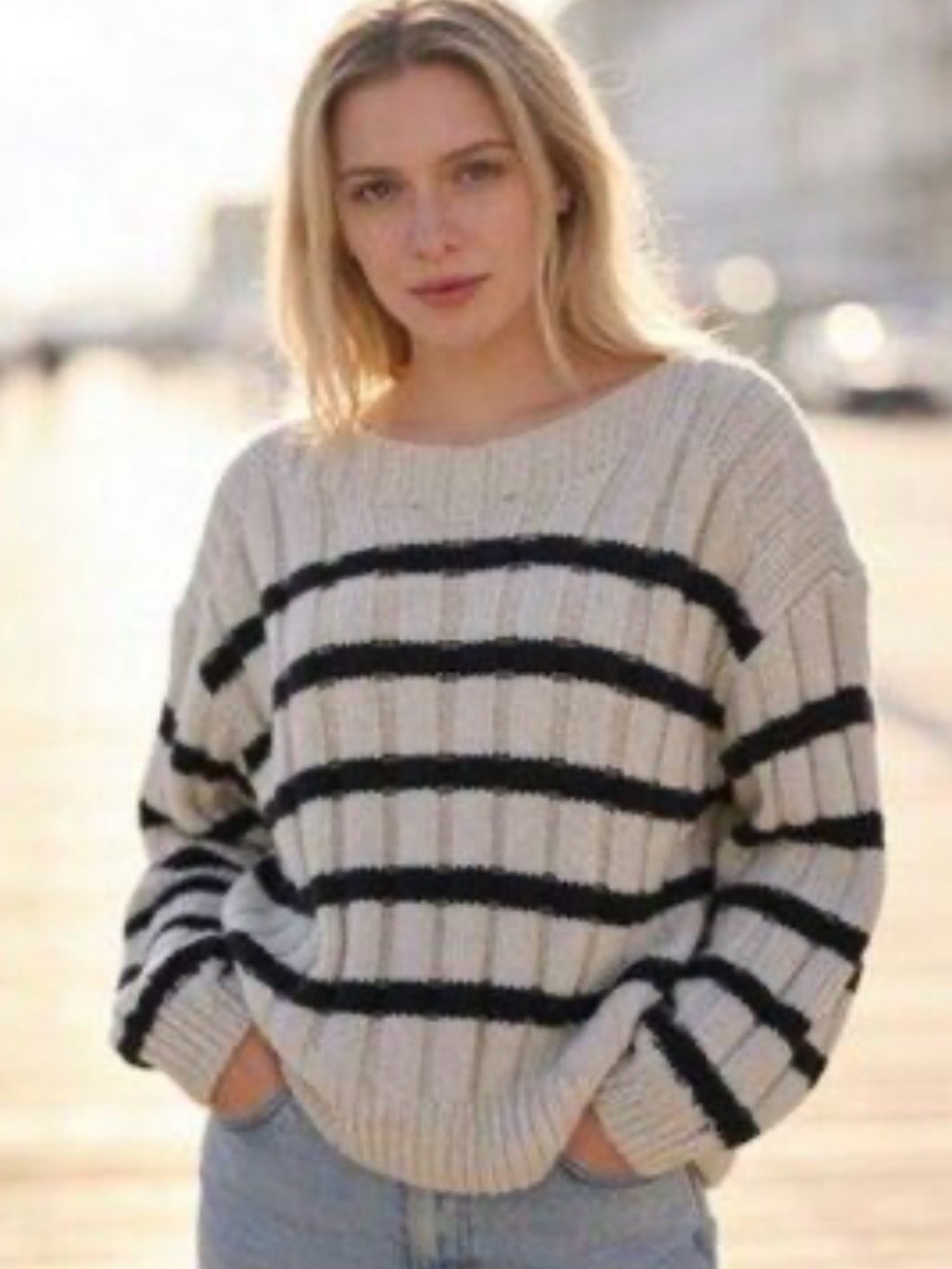Zara Cream Ribbed Sweater with Black Stripes